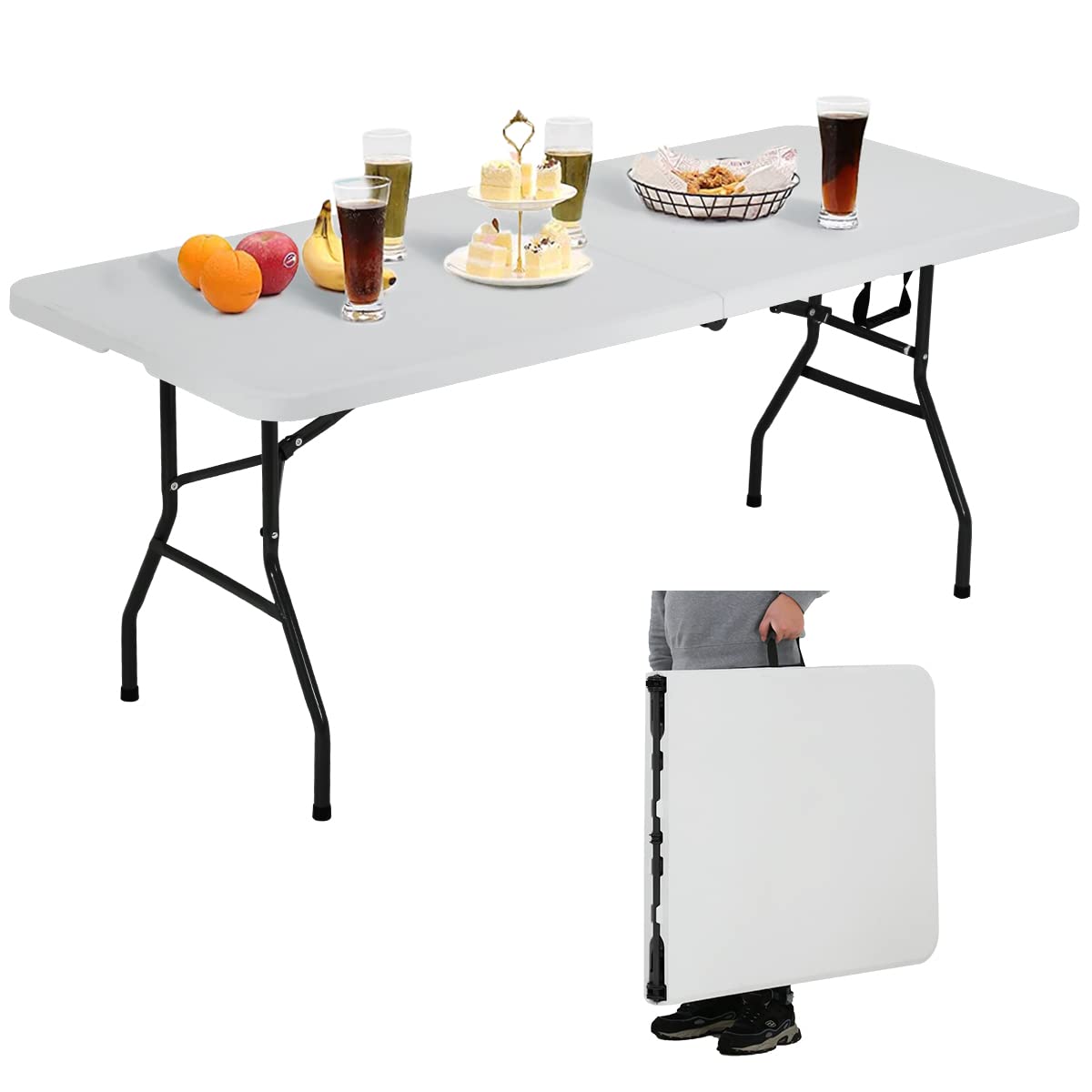 6 ft Folding Table Portable Heavy Duty Adjustable Height White M390821