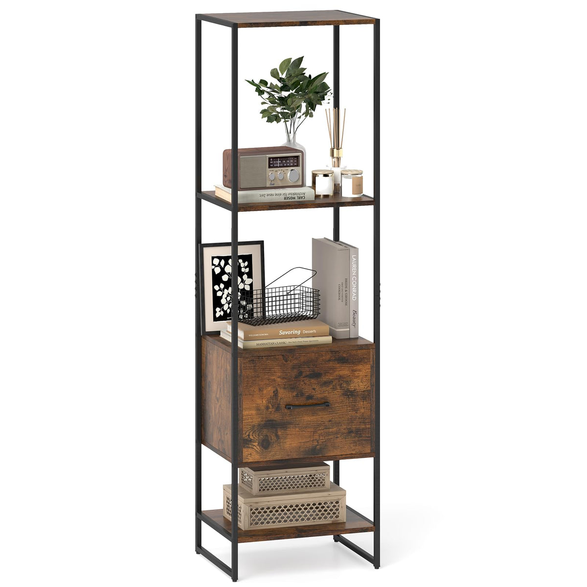 5-Tier Bookshelf with Drawer Narrow Bookcase L76755