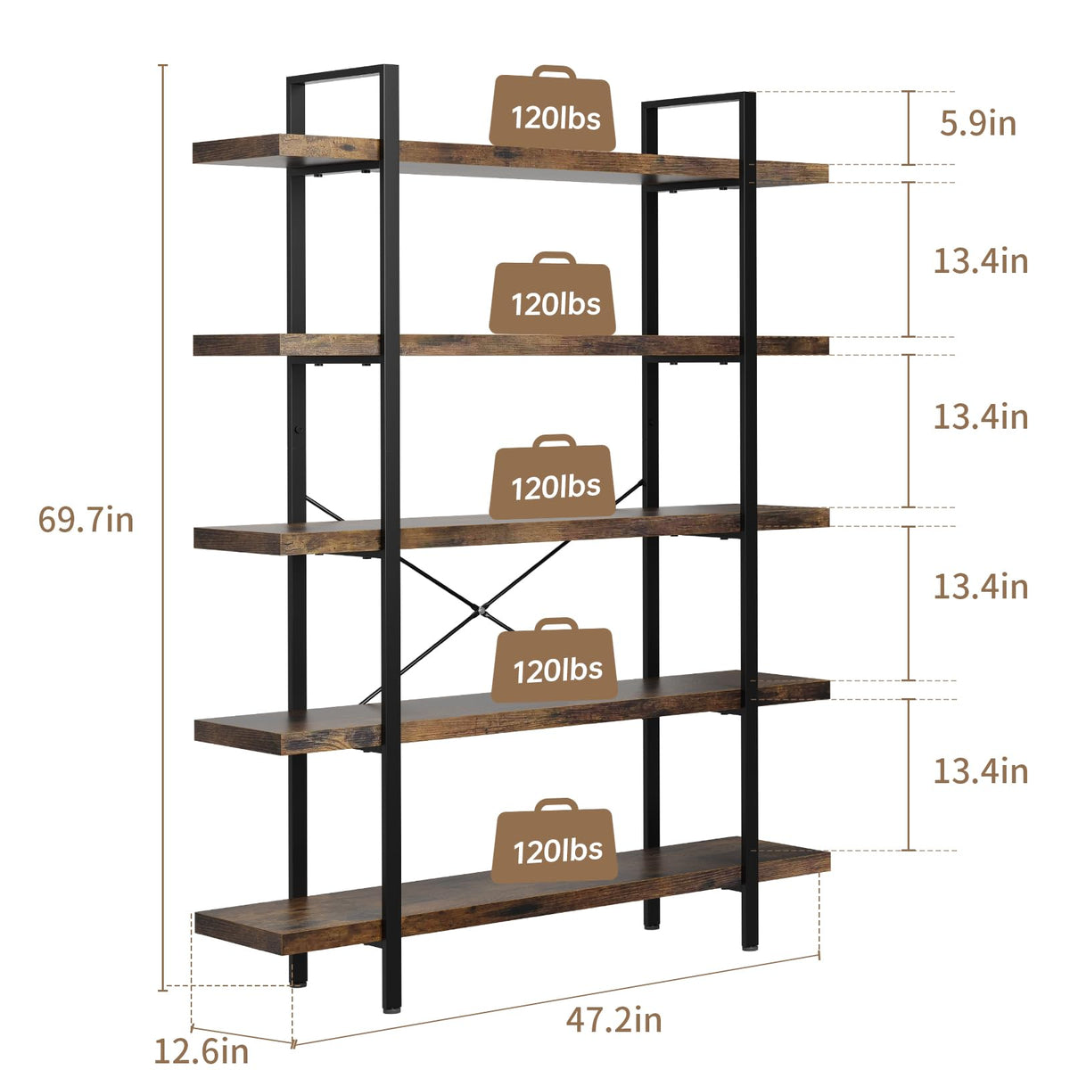 5 Tier Rustic Open Bookshelf I368280