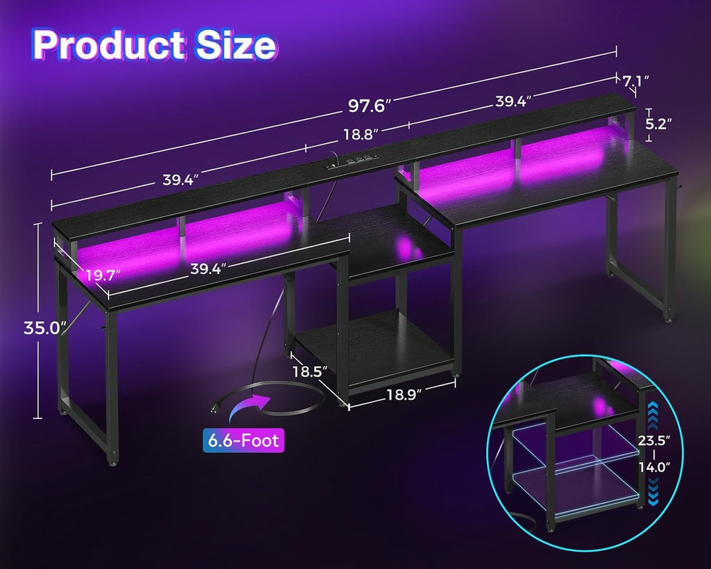 98'' 2 Person Gaming Desk with LED Lights V90348