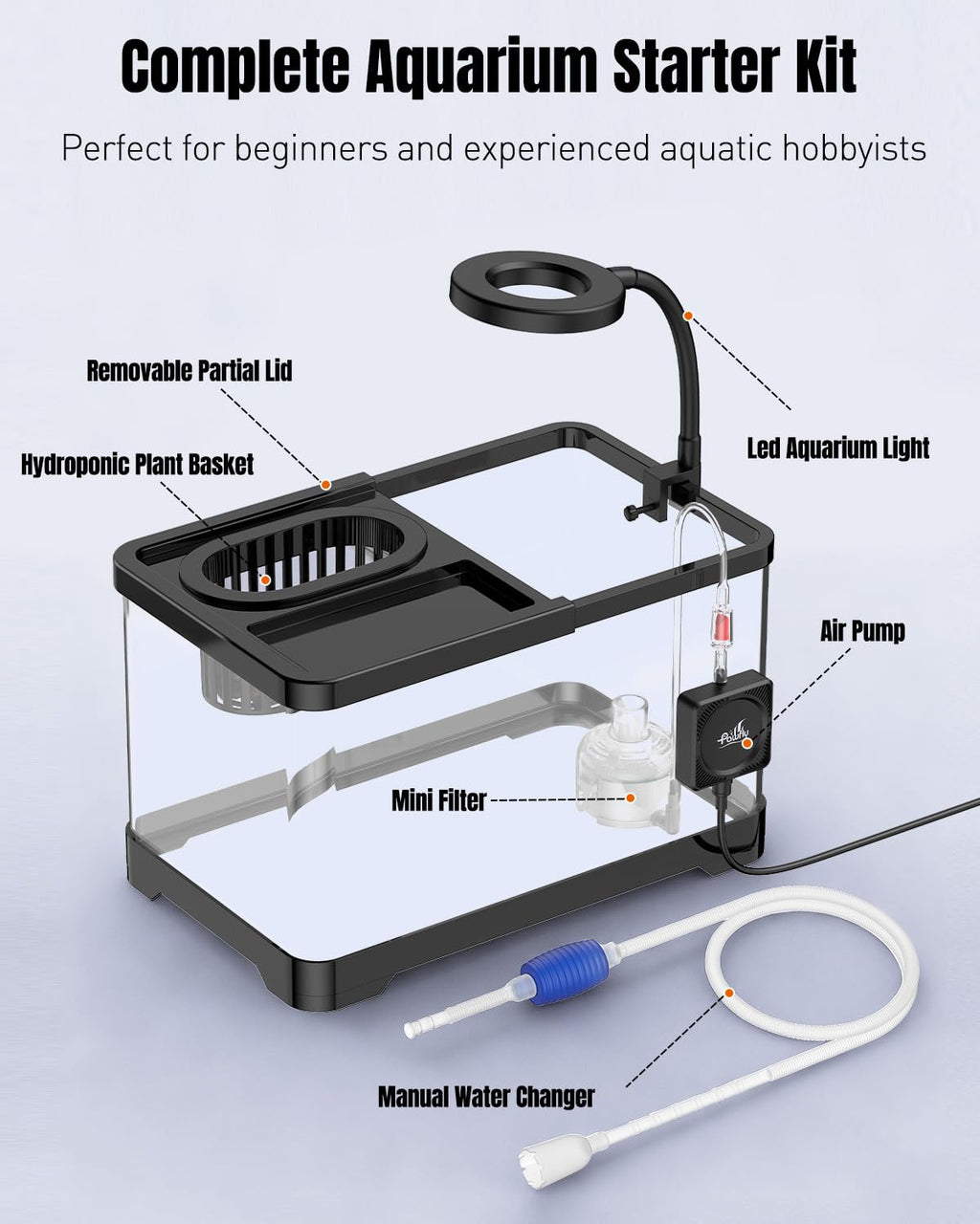 2 Gallon Ultra Clear Aquarium Starter Kit with LED Light, Air Pump, Filter W810