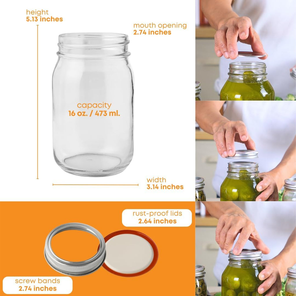 16 oz Regular Mouth Mason Jars Pack of 6 with Airtight Metal Lids X828254