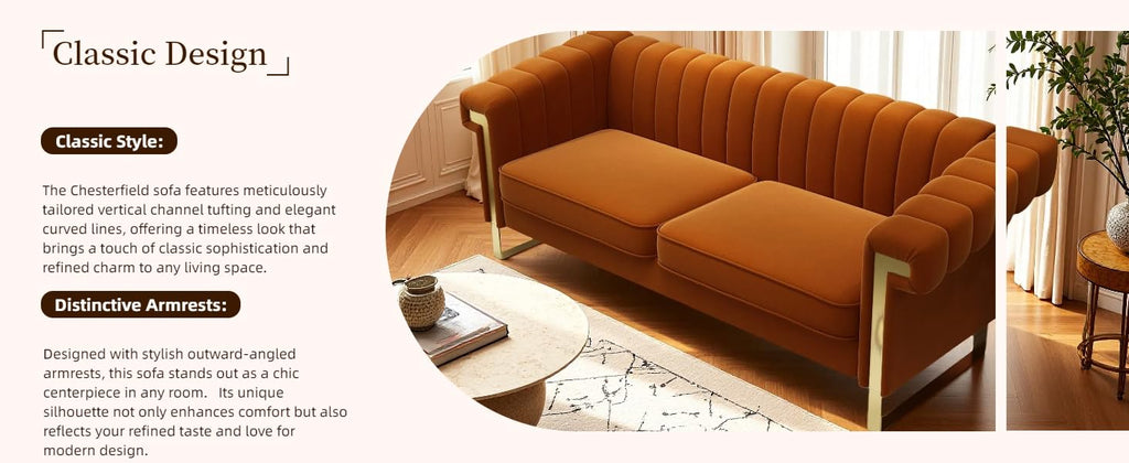 Orange Velvet 3 Seater Sofa with Gold Metal Legs U415