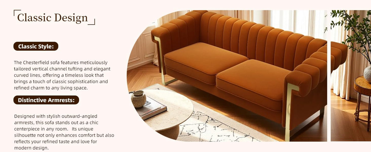 Orange Velvet 3 Seater Sofa with Gold Metal Legs U415