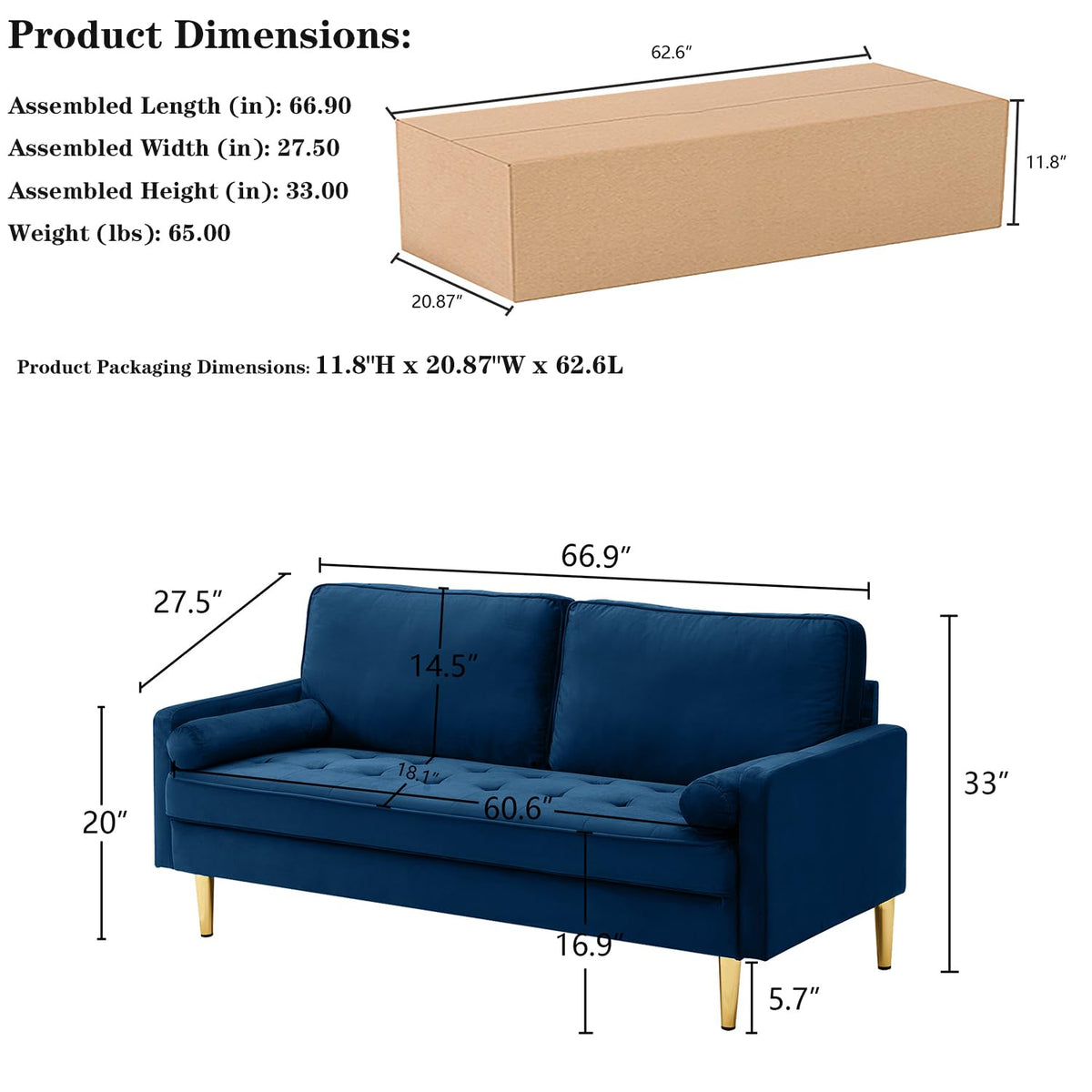 Navy Velvet 2-Seater Loveseat Sofa with Metal Legs Z909