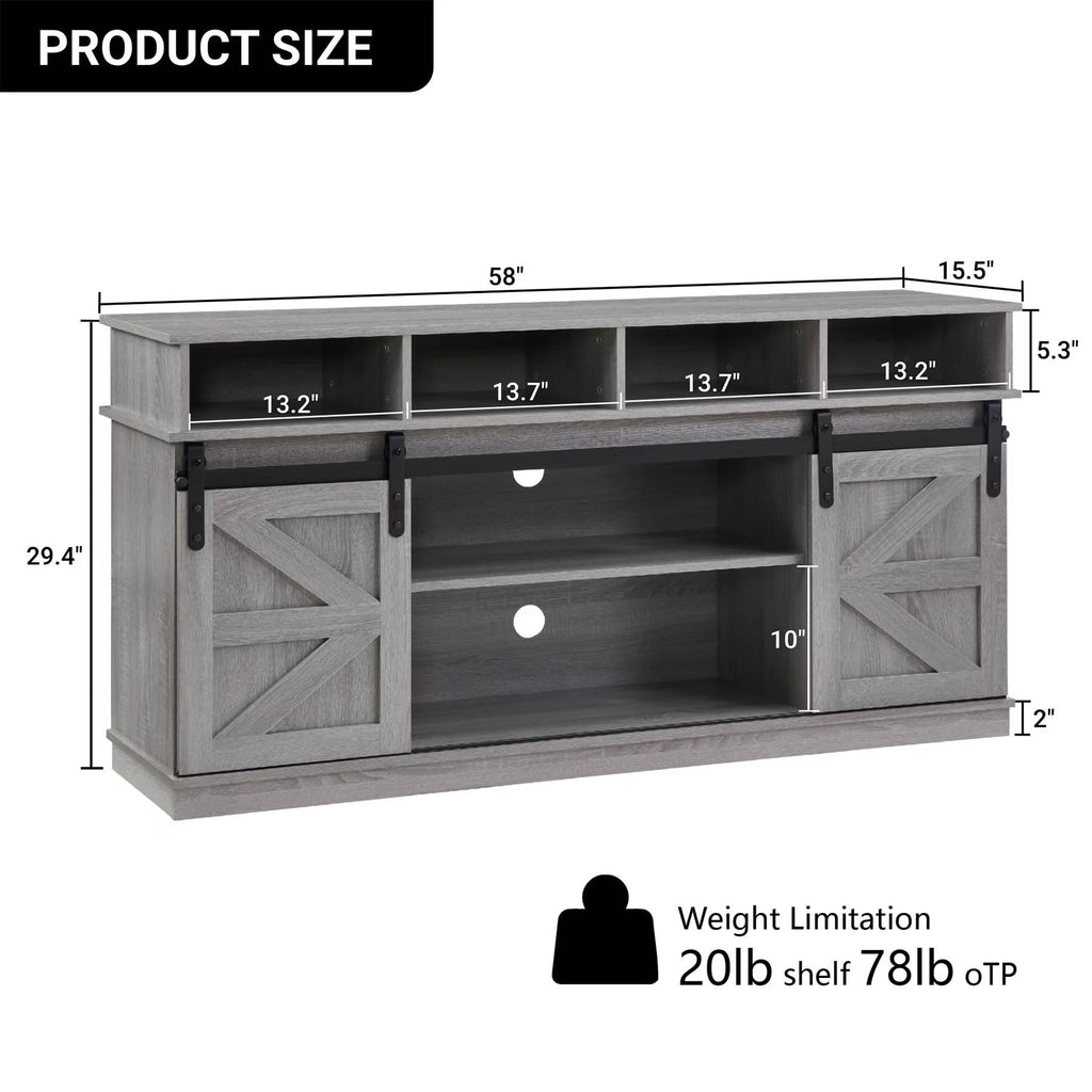 Grey Wood TV Stand with Sliding Barn Doors and 4 Drawers I7913