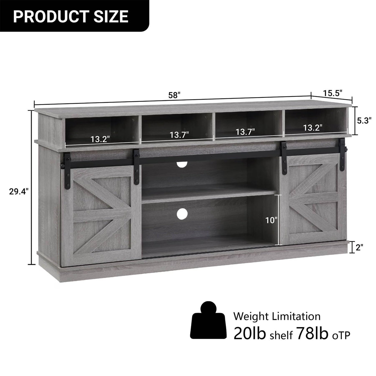 Grey Wood TV Stand with Sliding Barn Doors and 4 Drawers I7913