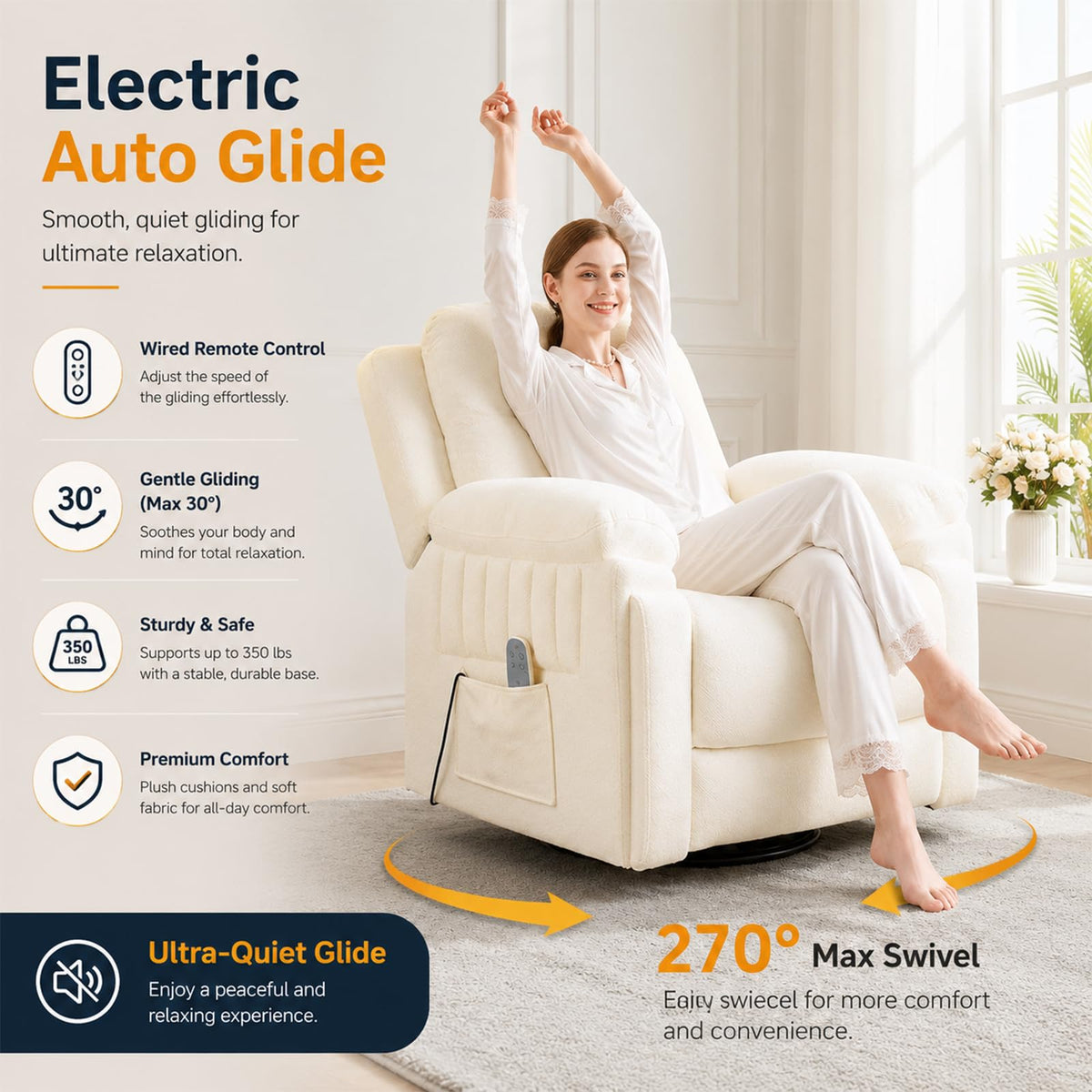 Cream White Electric Automatic Rocking Recliner Chair Y702