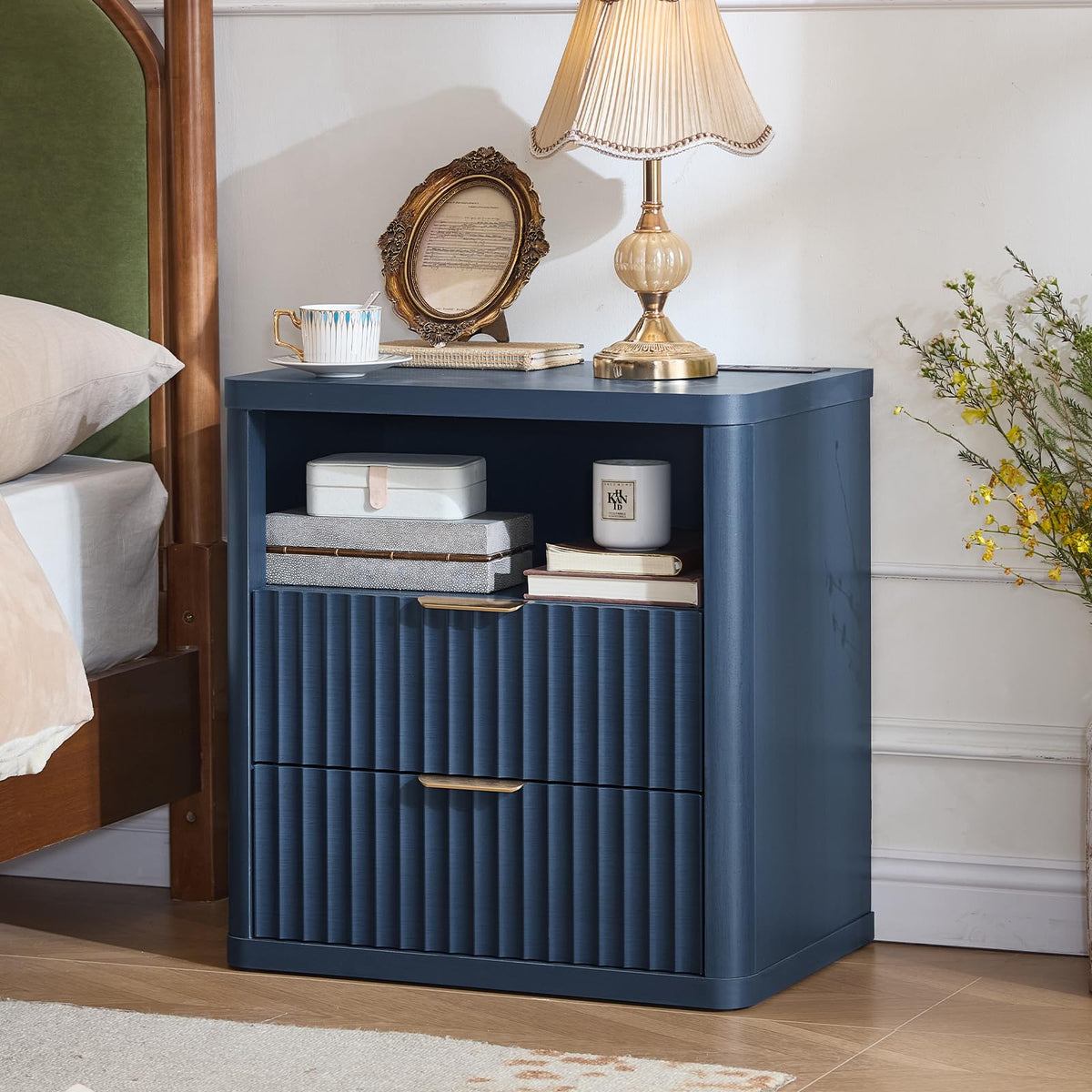 Blue 2 Drawer Fluted Nightstand with Charging Station M5559