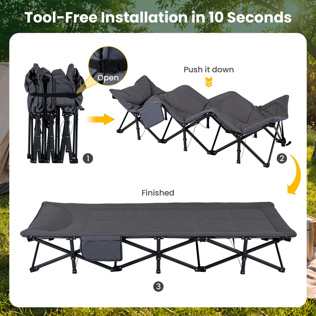 Camping Cot with Padded Pillow, Carry Bag, 600 lbs, Grey F29599