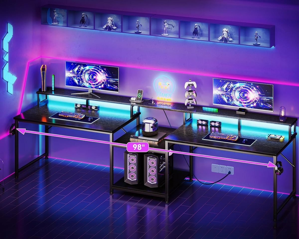 98'' 2 Person Gaming Desk with LED Lights V90348