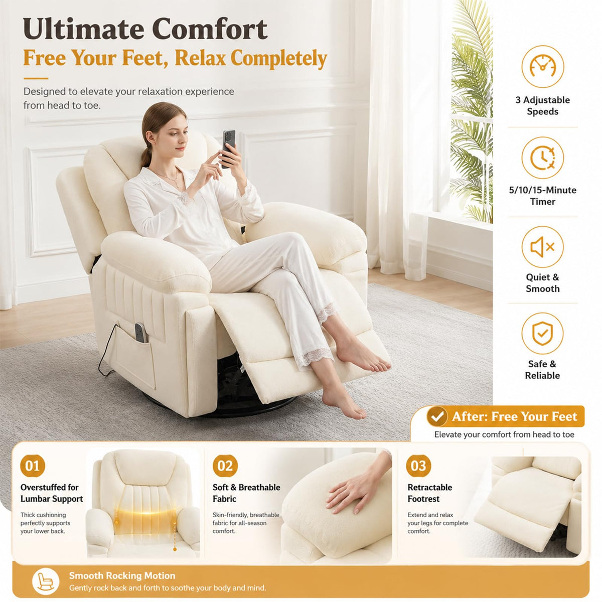 Cream White Electric Automatic Rocking Recliner Chair Y702