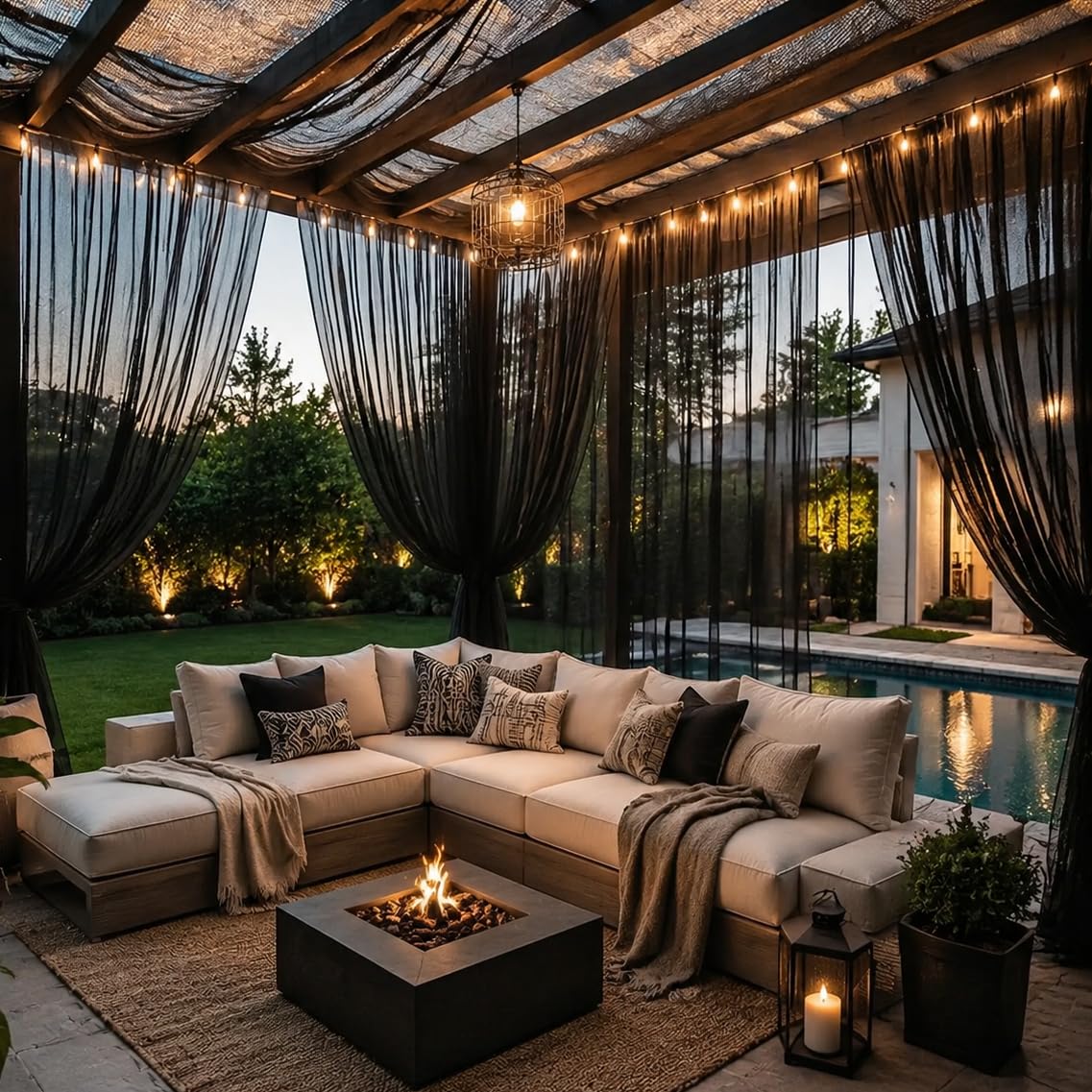 Black Mesh Mosquito Netting Curtains, 2 Panels R1529
