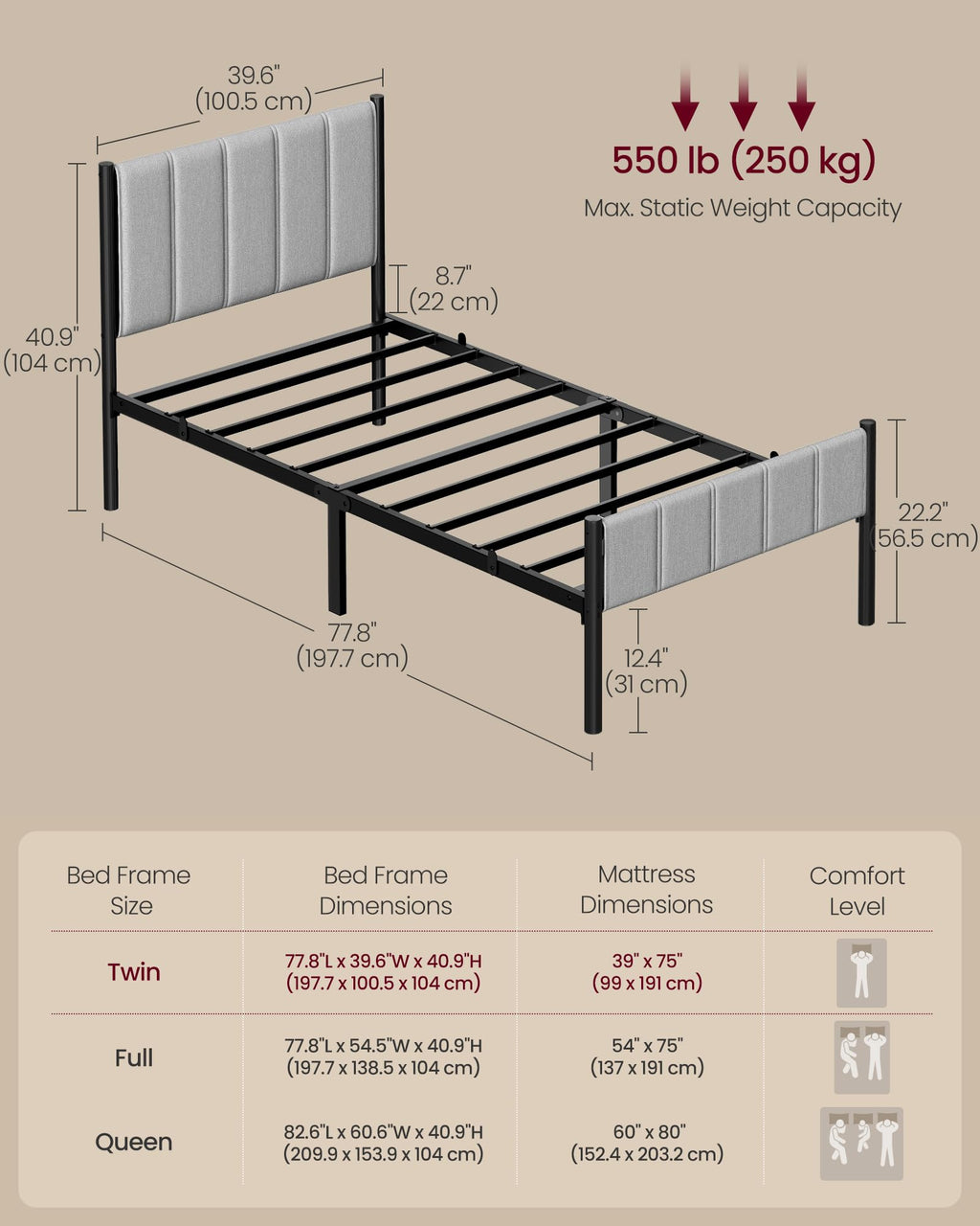 Twin Bed Frame with Upholstered Headboard F985019