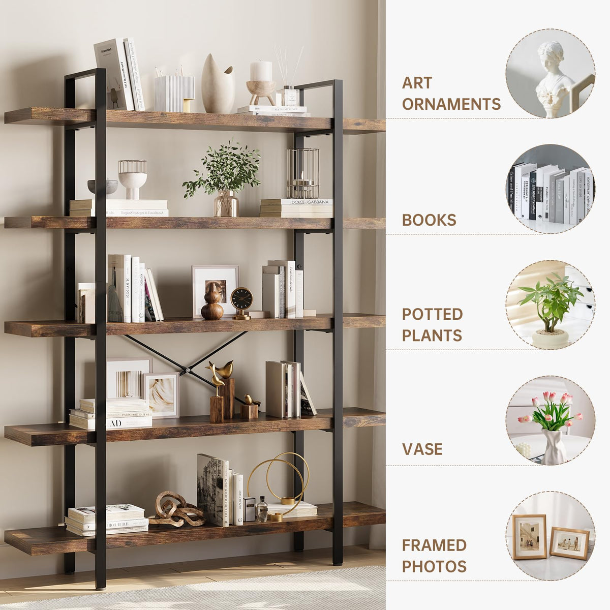 5 Tier Rustic Open Bookshelf I368280