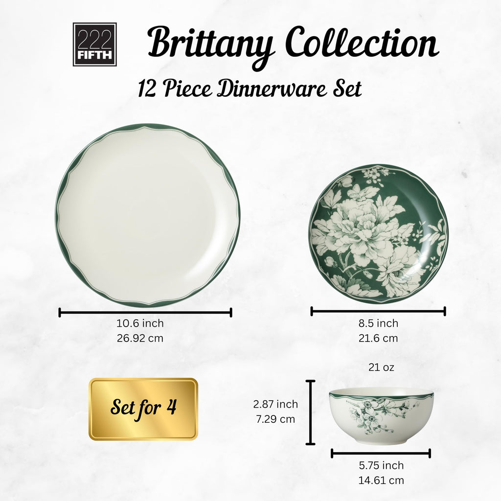 12-Piece Porcelain Dinnerware Set for 4, White & Sage Green Plates and Bowls Set B408