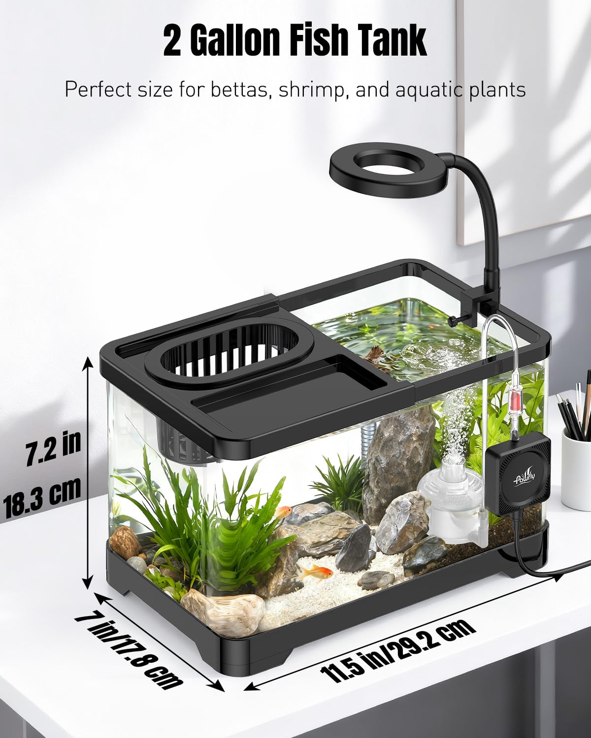 2 Gallon Ultra Clear Aquarium Starter Kit with LED Light, Air Pump, Filter W810