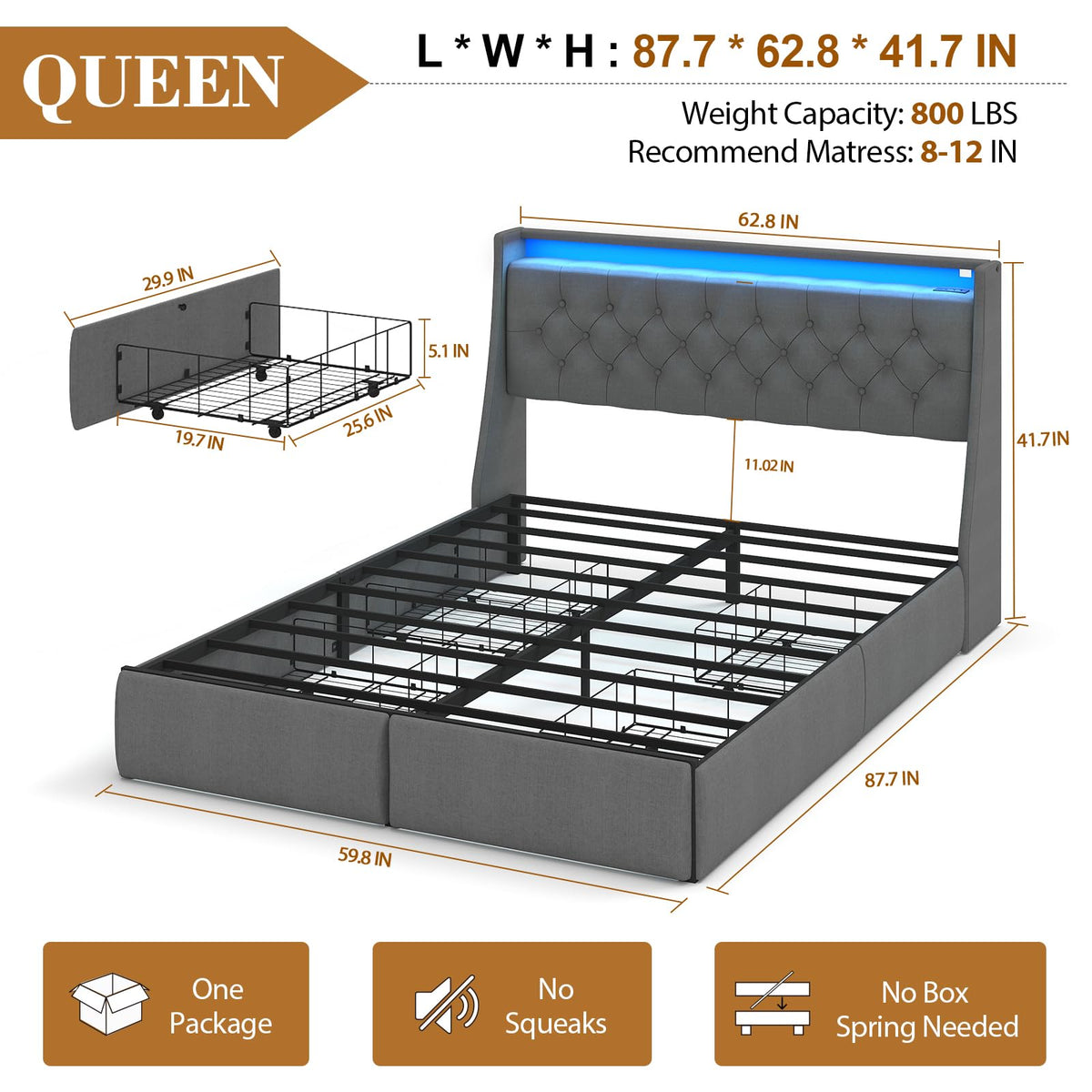 Queen Size Upholstered Bed Frame with 4 Storage Drawers T81264