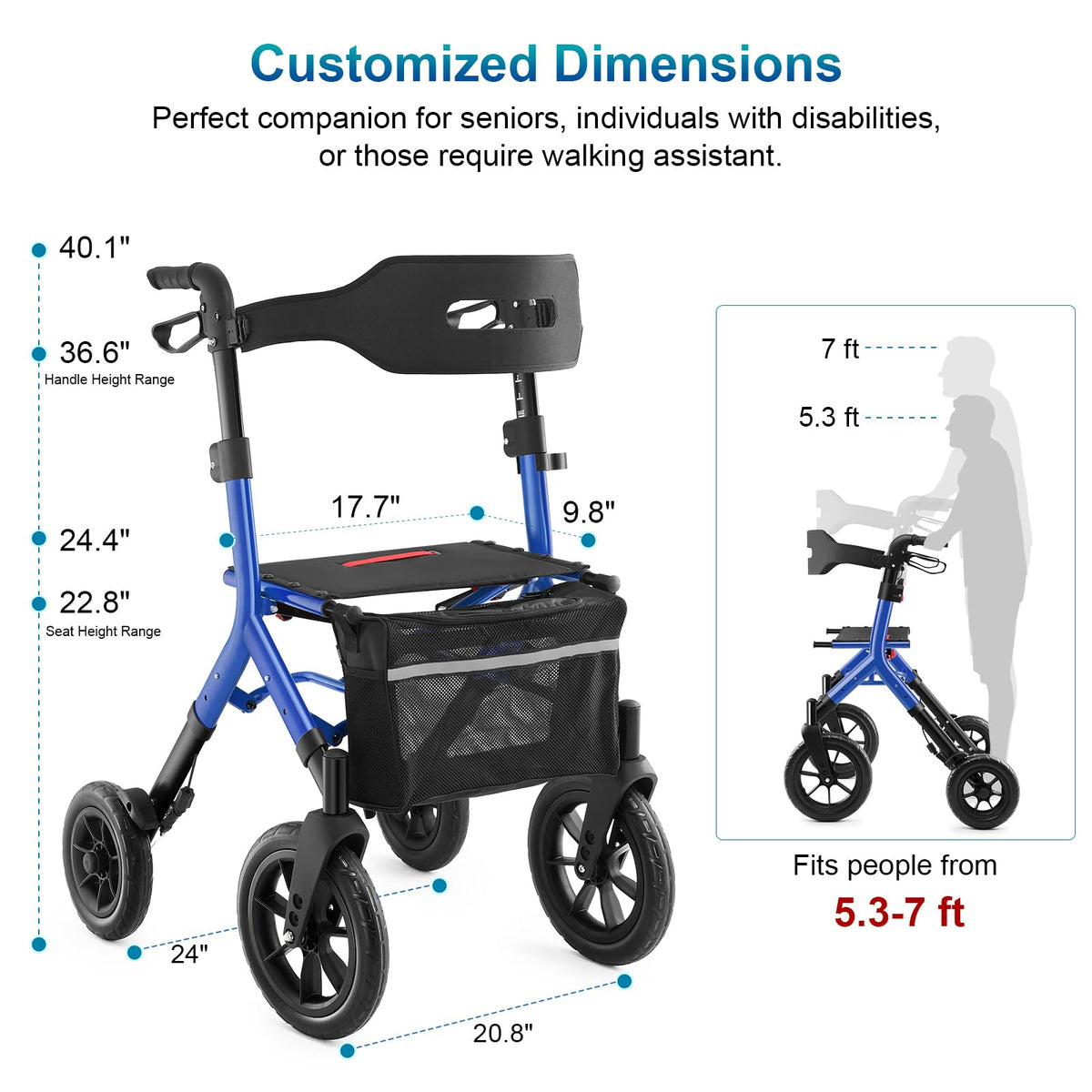 Blue Foldable Tall Walker with Seat K844266