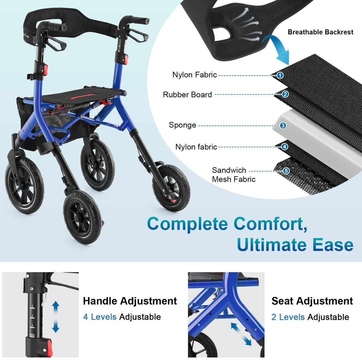 Blue Foldable Tall Walker with Seat K844266