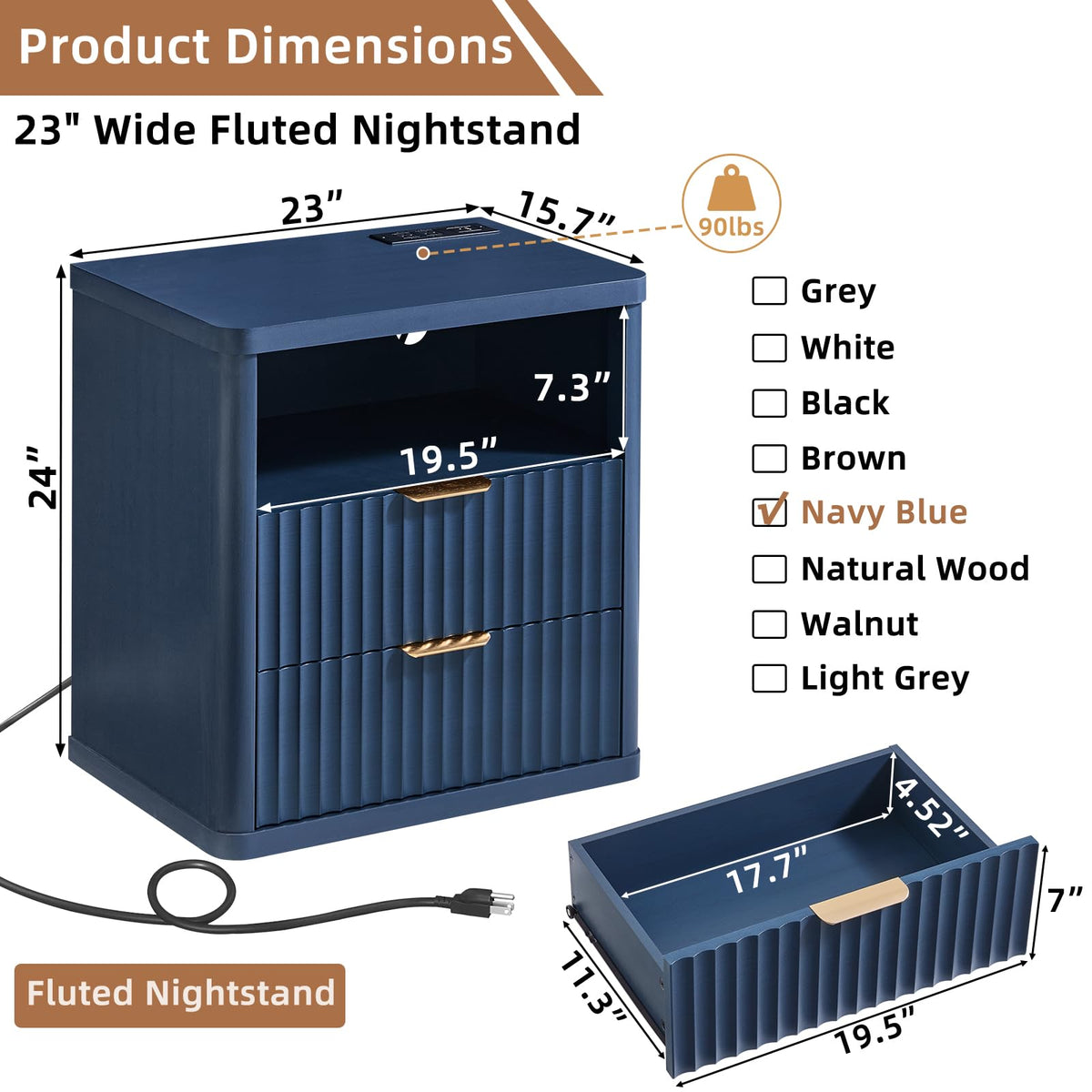 Blue 2 Drawer Fluted Nightstand with Charging Station M5559