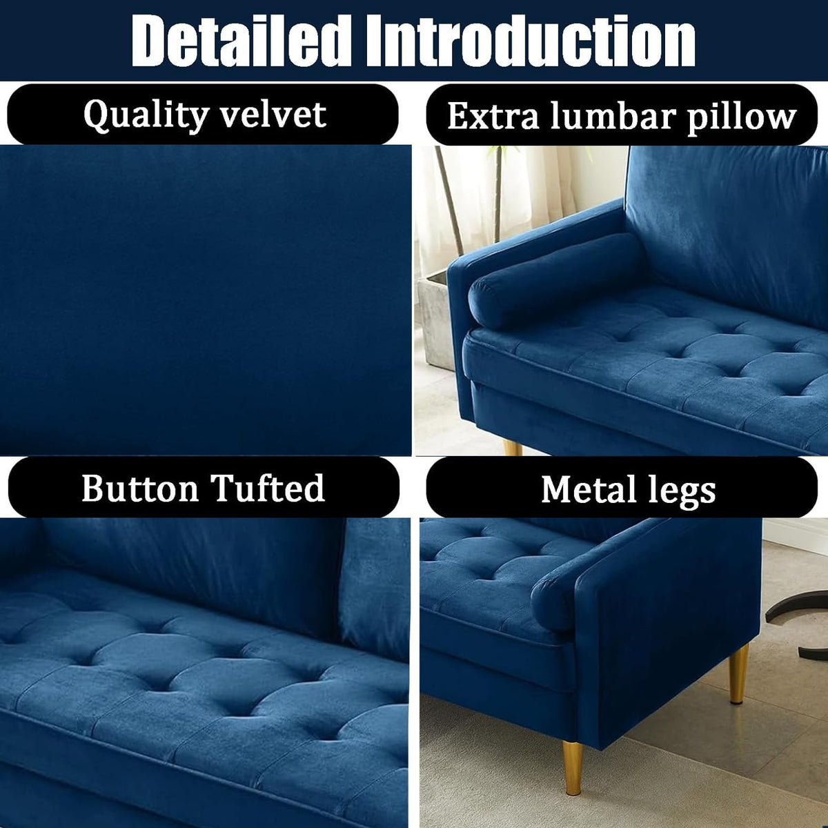Navy Velvet 2-Seater Loveseat Sofa with Metal Legs Z909