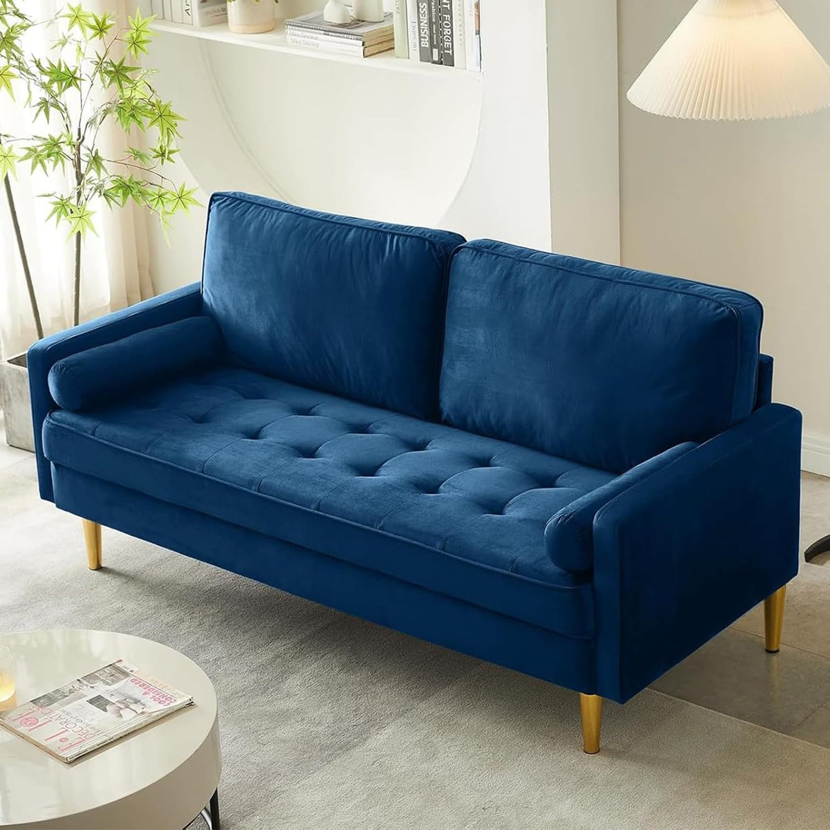 Navy Velvet 2-Seater Loveseat Sofa with Metal Legs Z909