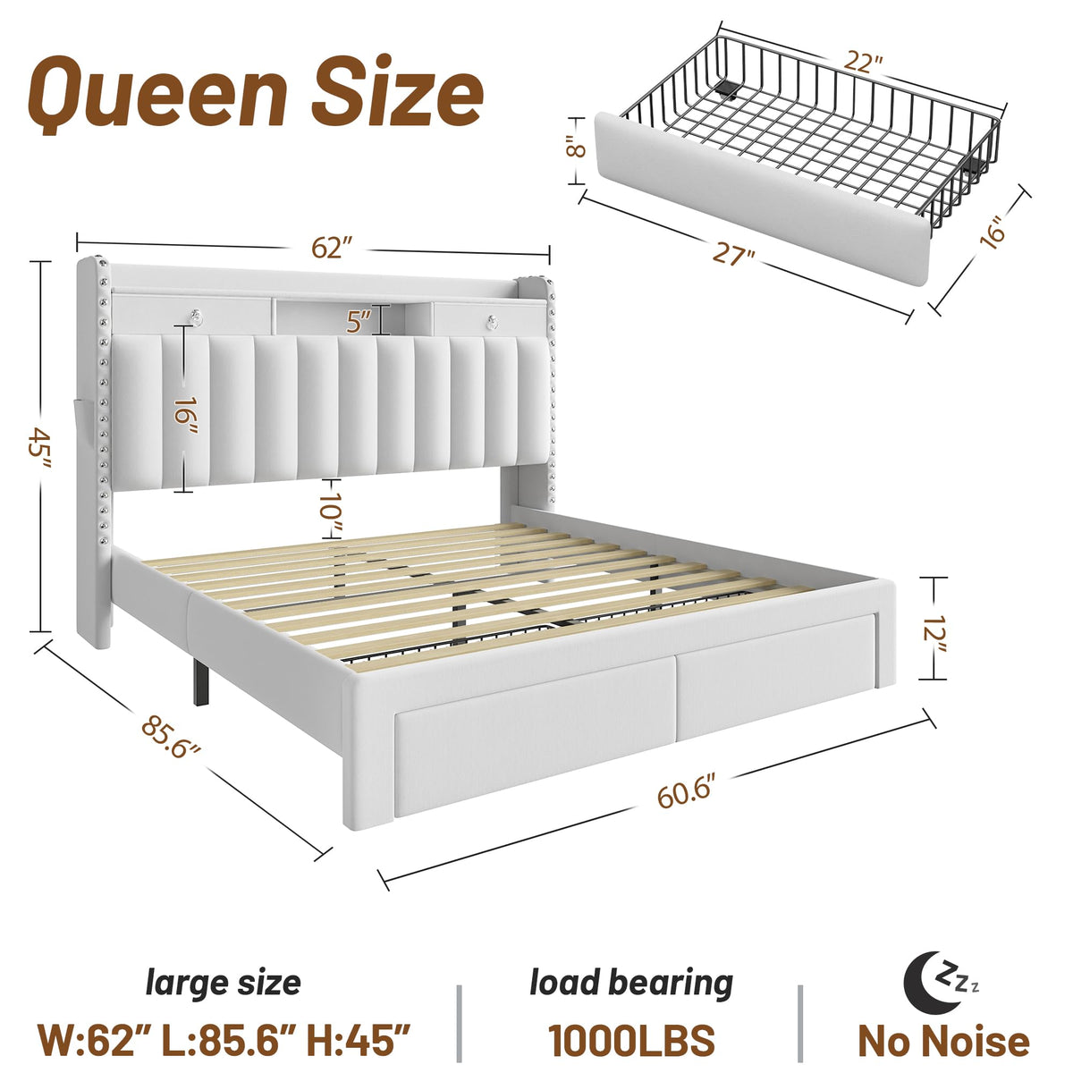 Queen Bed Frame with Storage Headboard and 4 Drawers C783
