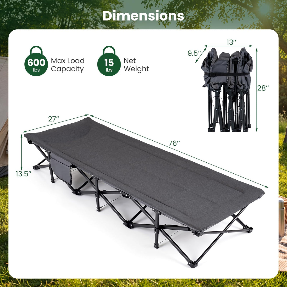 Camping Cot with Padded Pillow, Carry Bag, 600 lbs, Grey F29599
