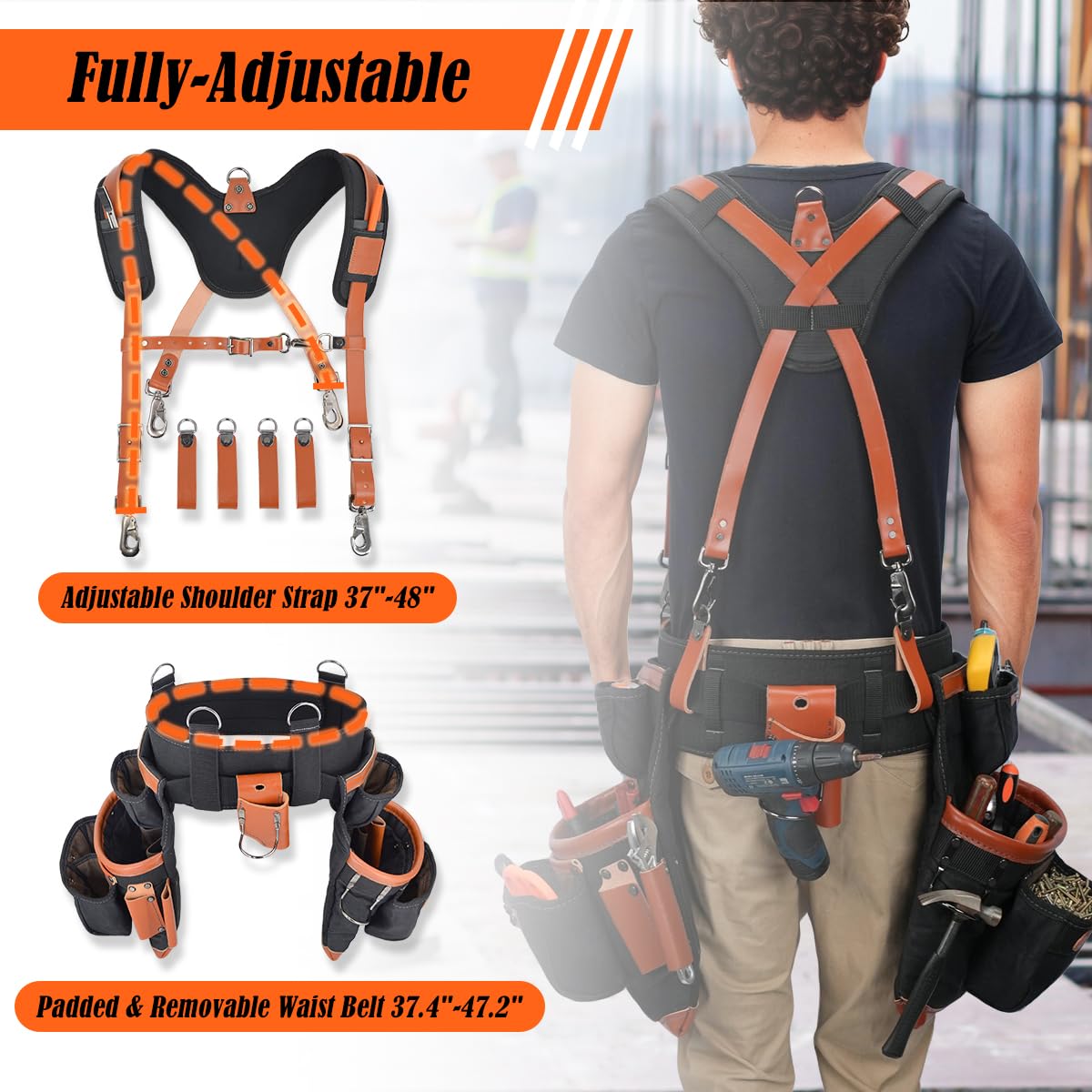 Top-Grain Leather Tool Belt With Suspenders R59958