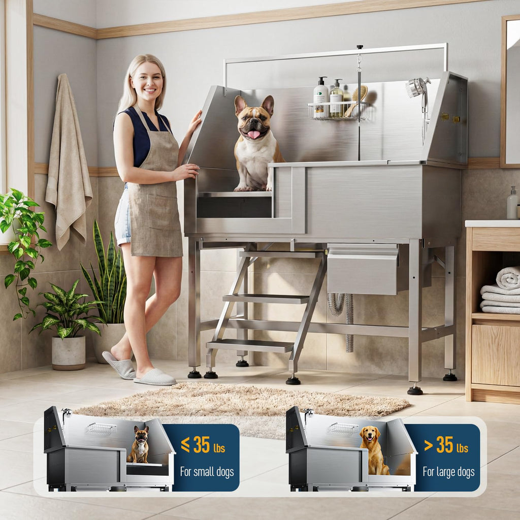 46" Stainless Steel Dog Washing Station with Removable Left Ramp & Storage Drawer B86502