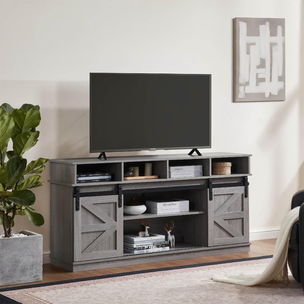 Grey Wood TV Stand with Sliding Barn Doors and 4 Drawers I7913