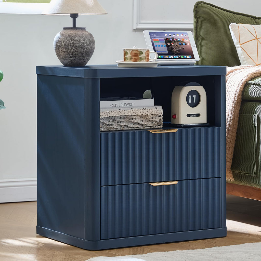 Blue 2 Drawer Fluted Nightstand with Charging Station M5559
