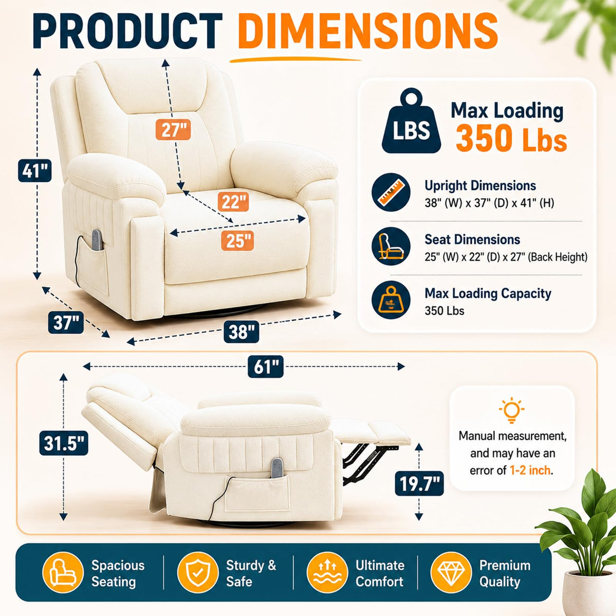 Cream White Electric Automatic Rocking Recliner Chair Y702