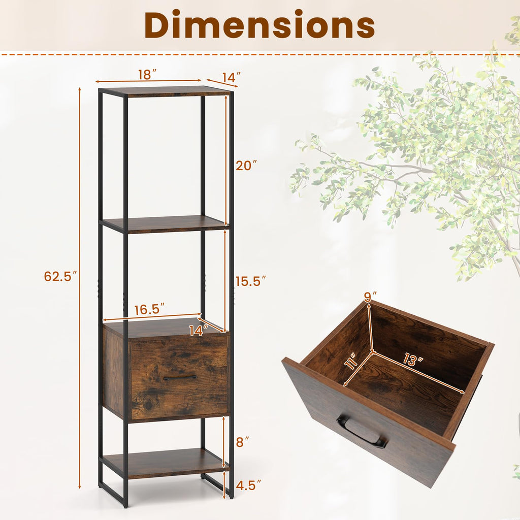5-Tier Bookshelf with Drawer Narrow Bookcase L76755
