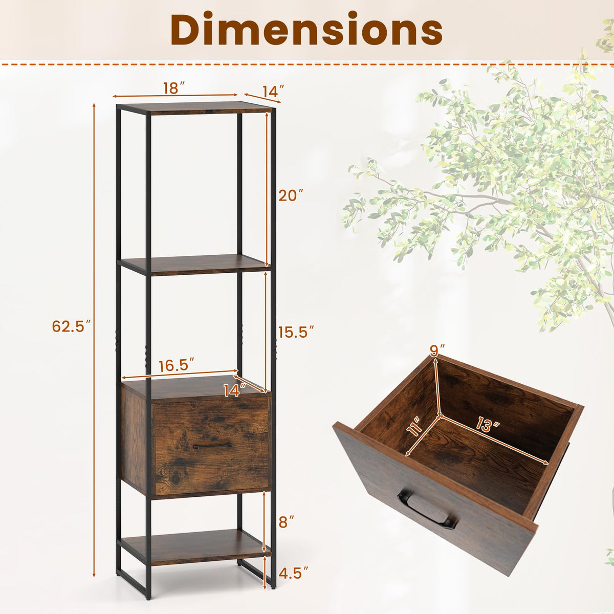5-Tier Bookshelf with Drawer Narrow Bookcase L76755