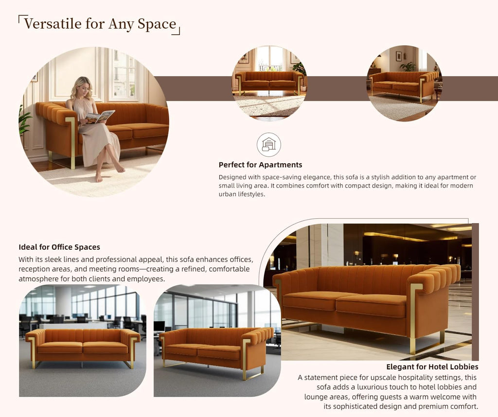 Orange Velvet 3 Seater Sofa with Gold Metal Legs U415