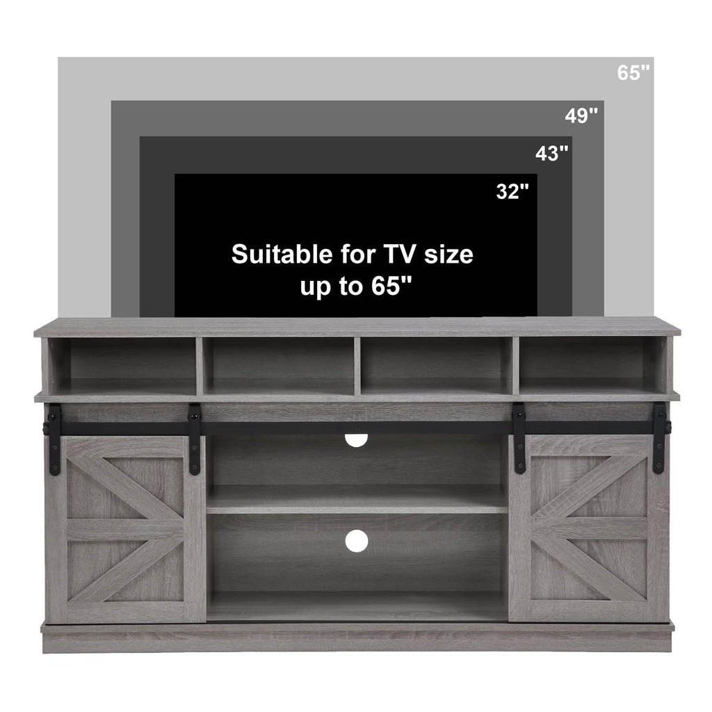 Grey Wood TV Stand with Sliding Barn Doors and 4 Drawers I7913