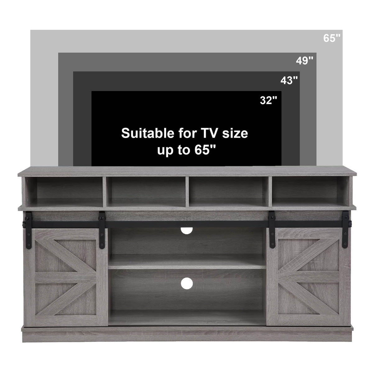 Grey Wood TV Stand with Sliding Barn Doors and 4 Drawers I7913