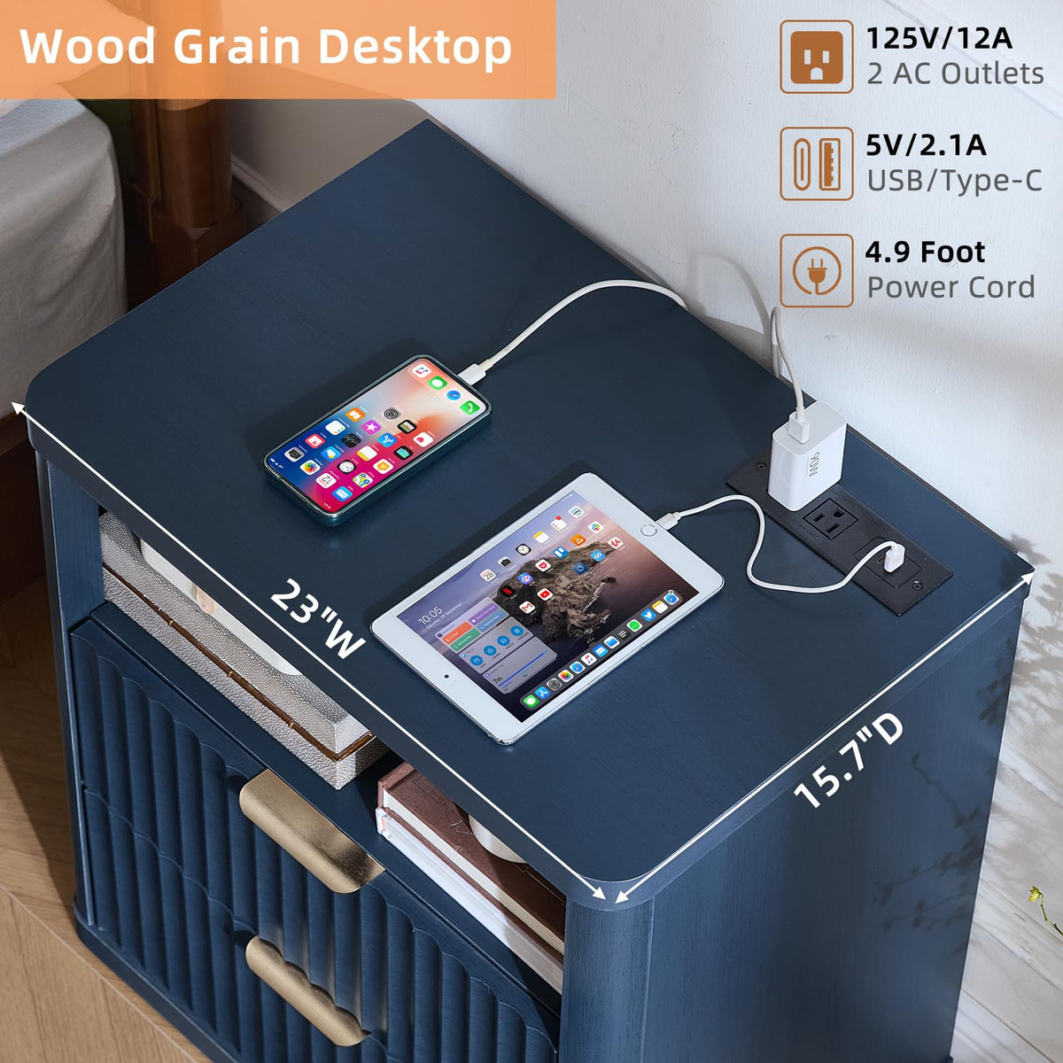 Blue 2 Drawer Fluted Nightstand with Charging Station M5559