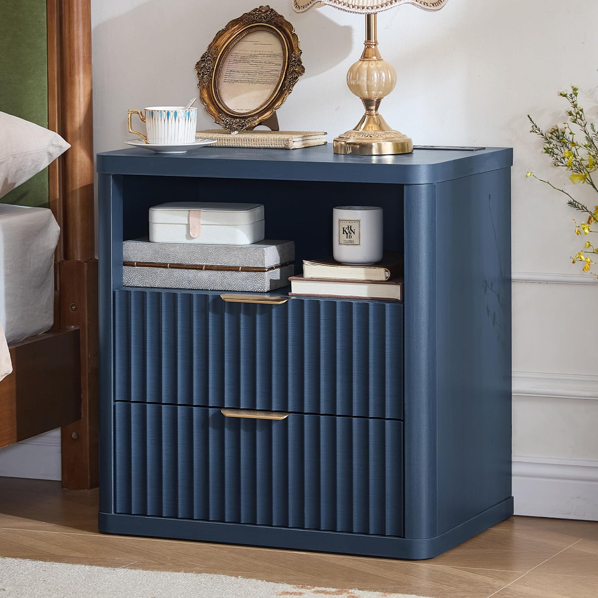 Blue 2 Drawer Fluted Nightstand with Charging Station M5559