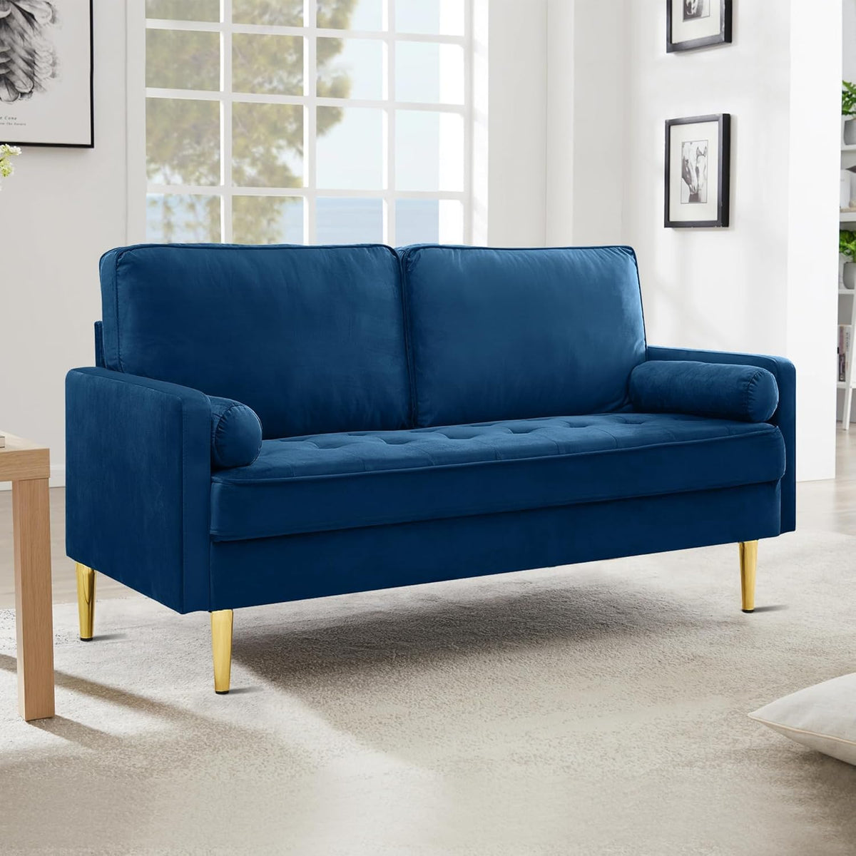 Navy Velvet 2-Seater Loveseat Sofa with Metal Legs Z909