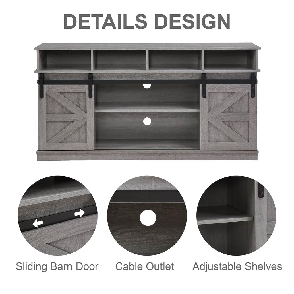 Grey Wood TV Stand with Sliding Barn Doors and 4 Drawers I7913