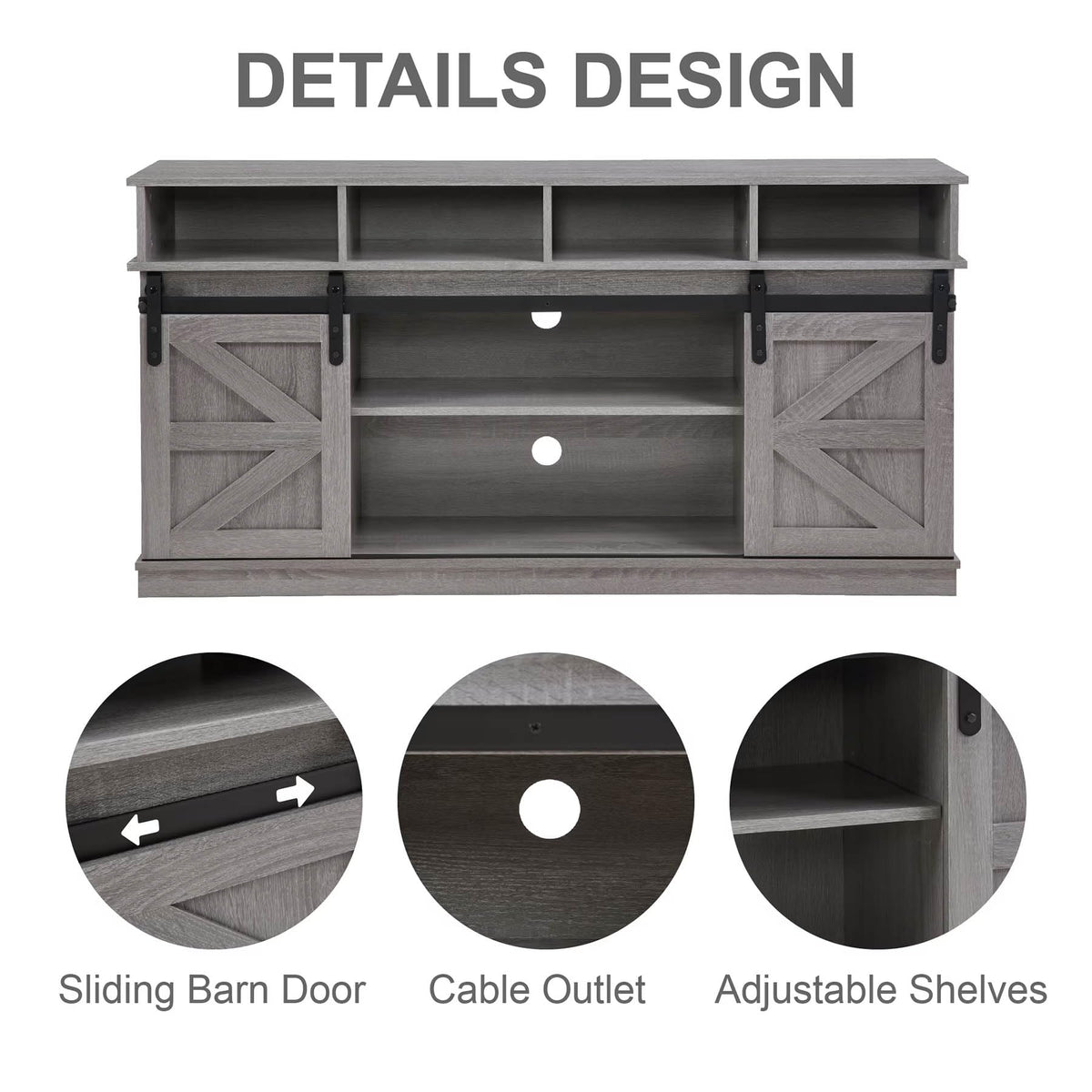 Grey Wood TV Stand with Sliding Barn Doors and 4 Drawers I7913