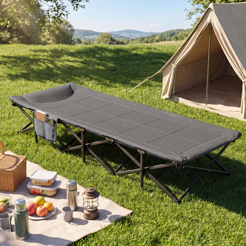 Camping Cot with Padded Pillow, Carry Bag, 600 lbs, Grey F29599