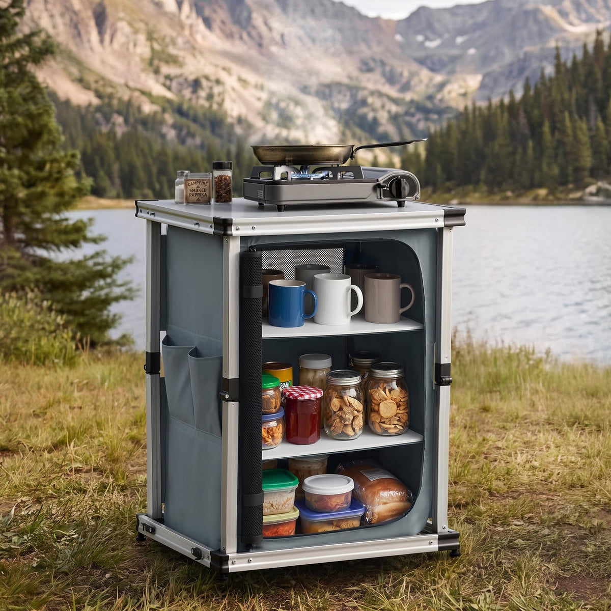 Folding Camping Storage Cabinet with 3 Shelves and Carry Bag Q656874