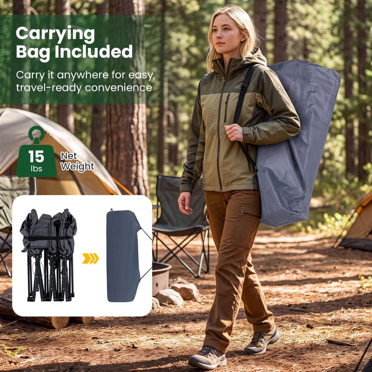 Camping Cot with Padded Pillow, Carry Bag, 600 lbs, Grey F29599