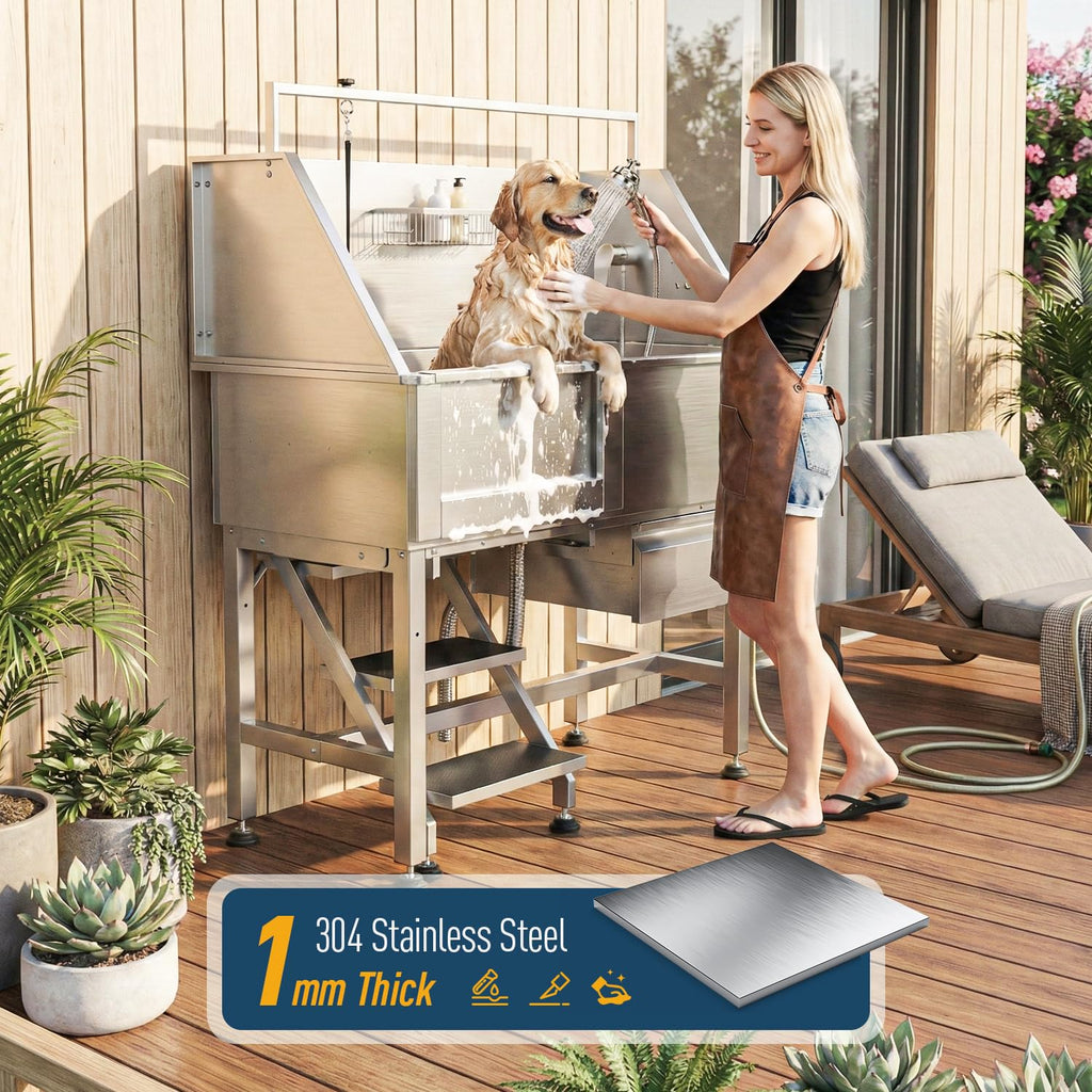 46" Stainless Steel Dog Washing Station with Removable Left Ramp & Storage Drawer B86502