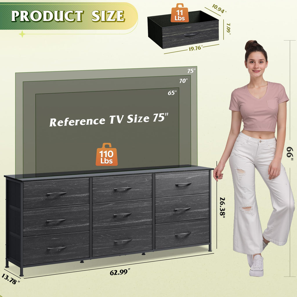 Black 9 Drawer Wood Dresser TV Stand P2681