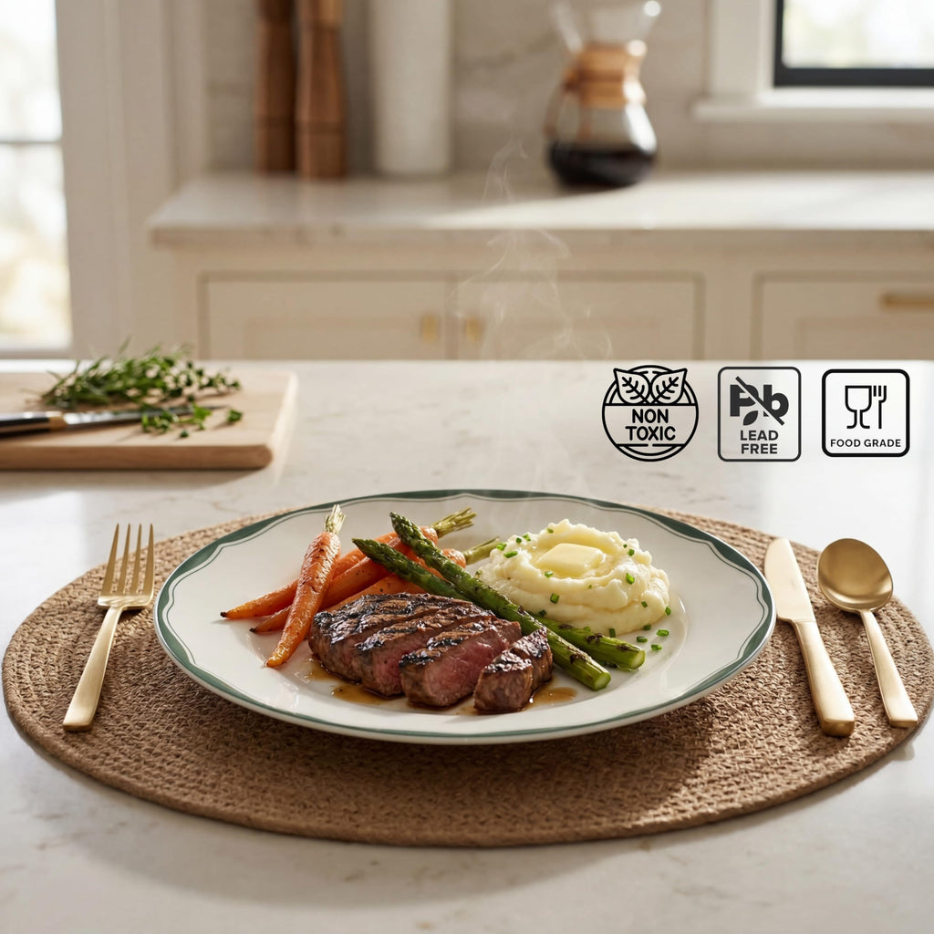 12-Piece Porcelain Dinnerware Set for 4, White & Sage Green Plates and Bowls Set B408